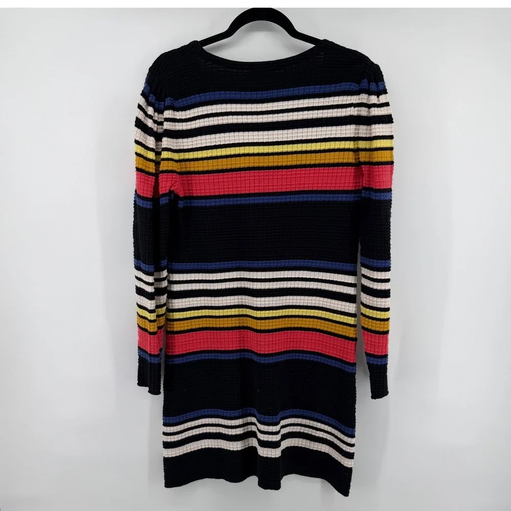 Free People Sweater Dress Striped Medium Black Women Boho‎ Waffle Knit V-Neck